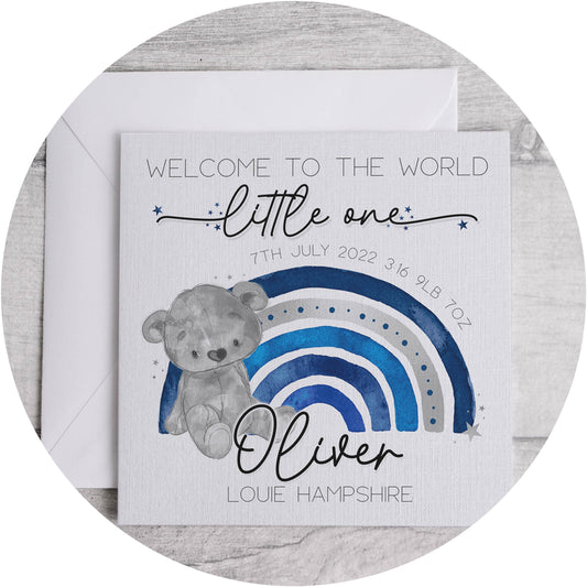 Blue Rainbow Bear New Baby Card