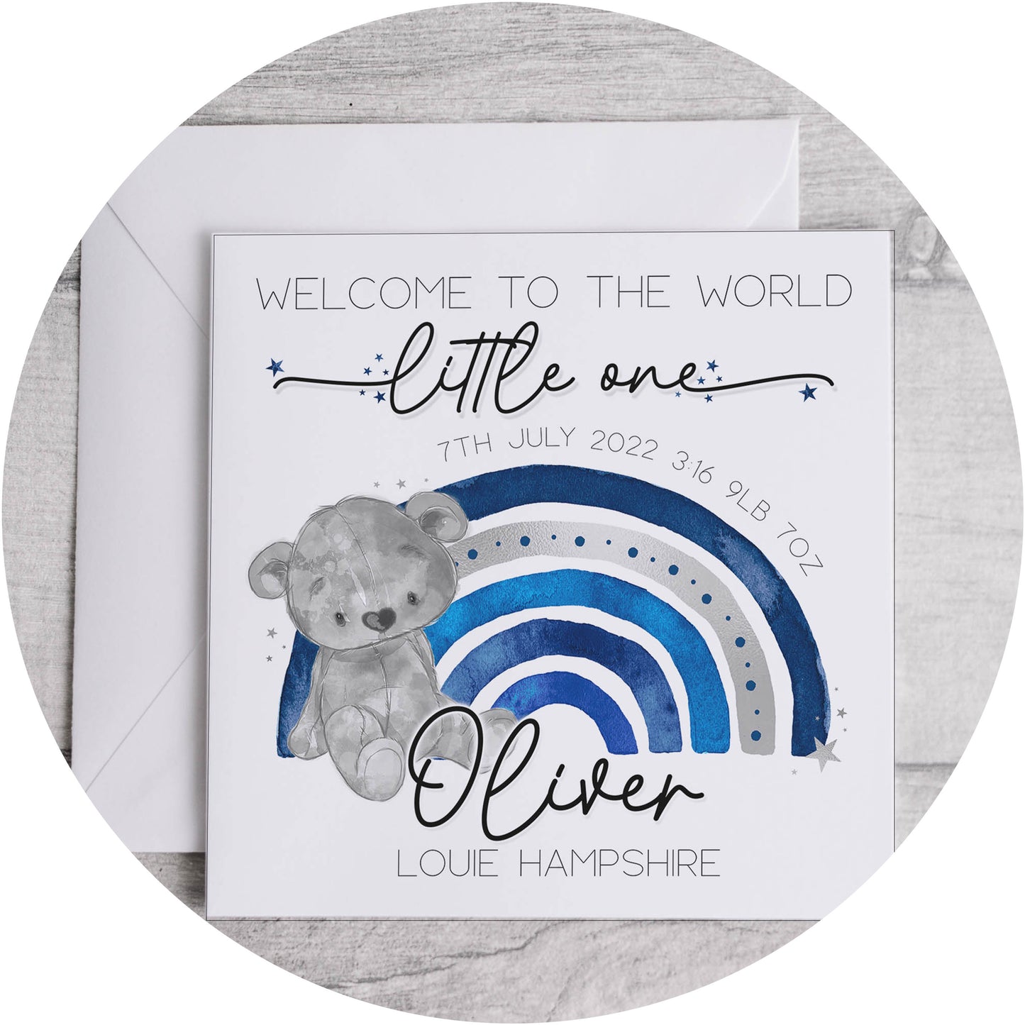 Blue Rainbow Bear New Baby Card
