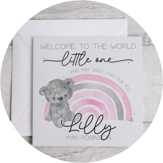 Pink Rainbow Bear New Baby Card
