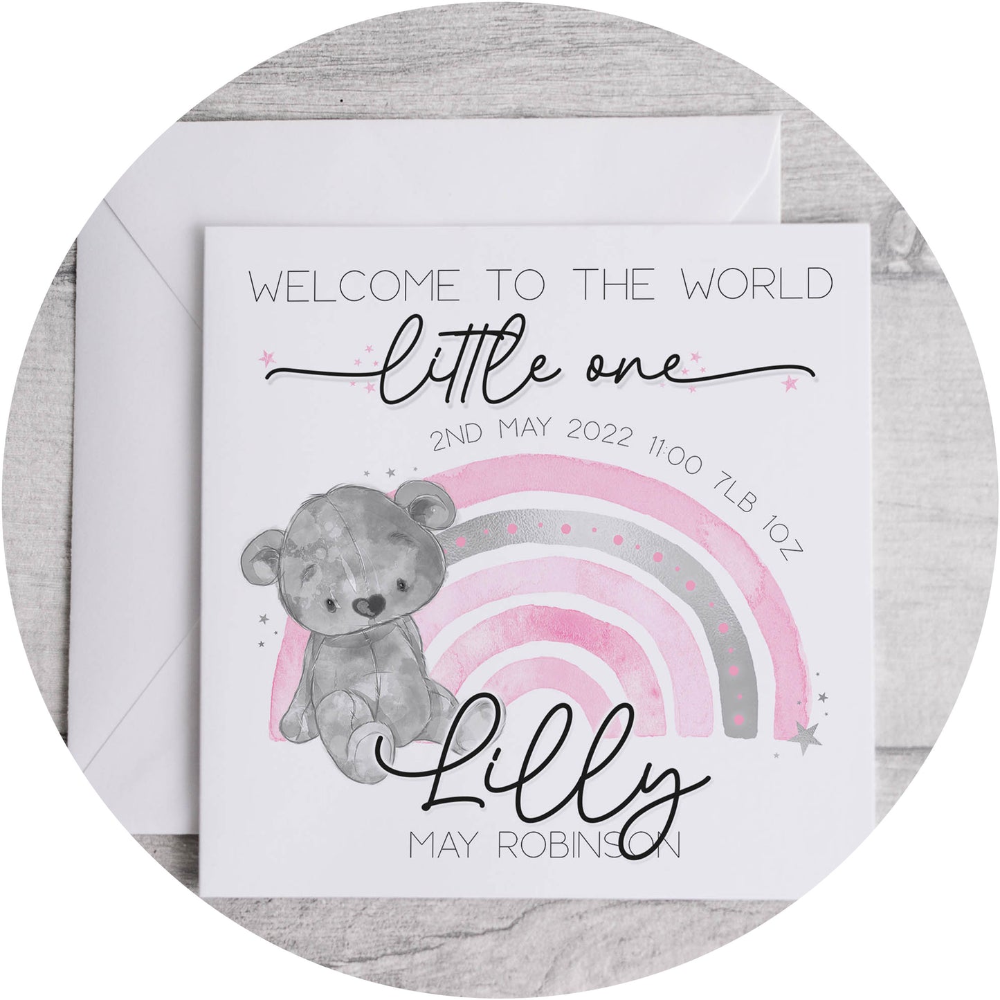 Pink Rainbow Bear New Baby Card